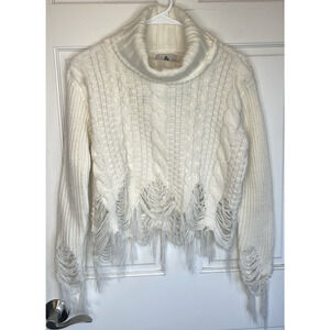 Unif Women's Destructed Cable Knit Crop Sweater Sz XS Ivory Turtleneck Fringe